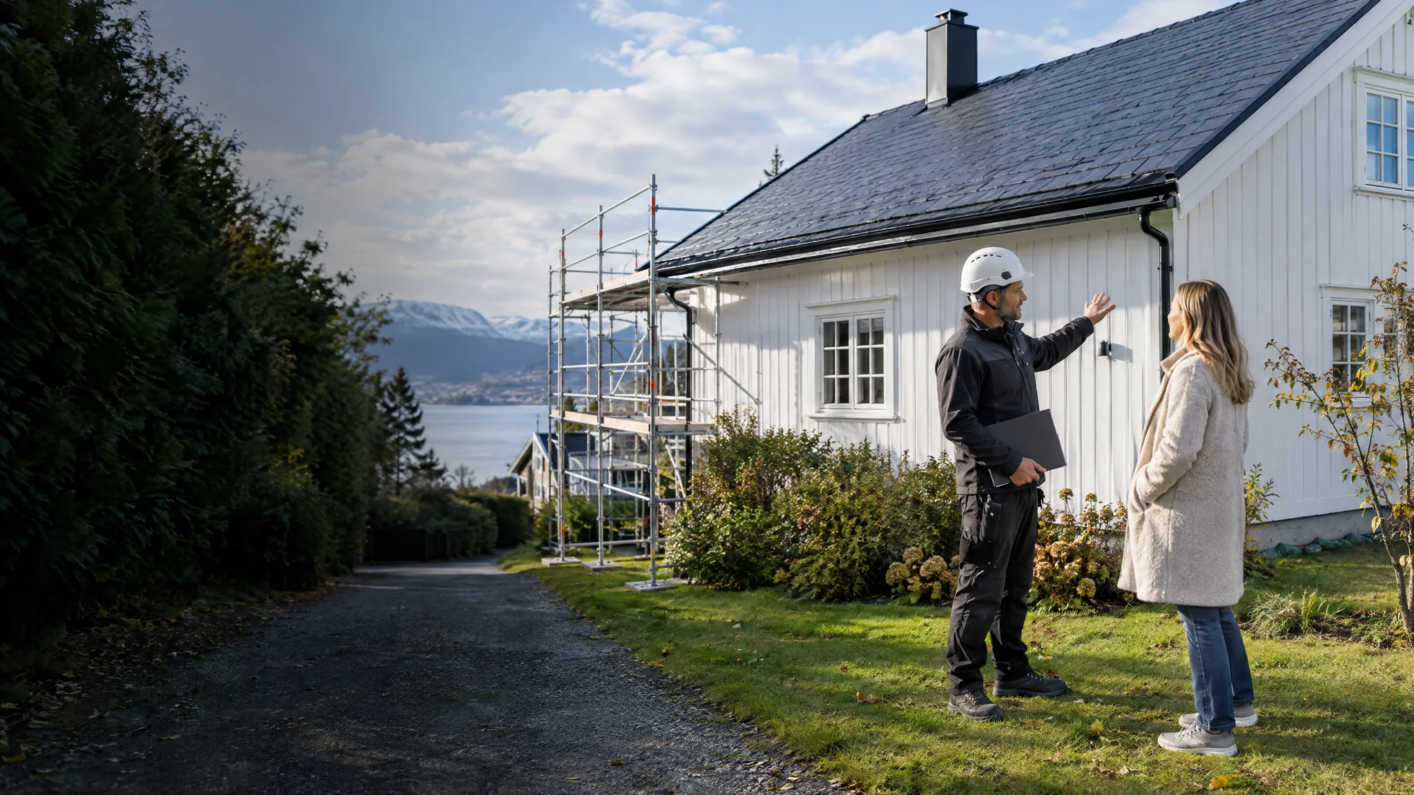 Illustrasjon av et takfirma i en avsluttende samtale med kunden