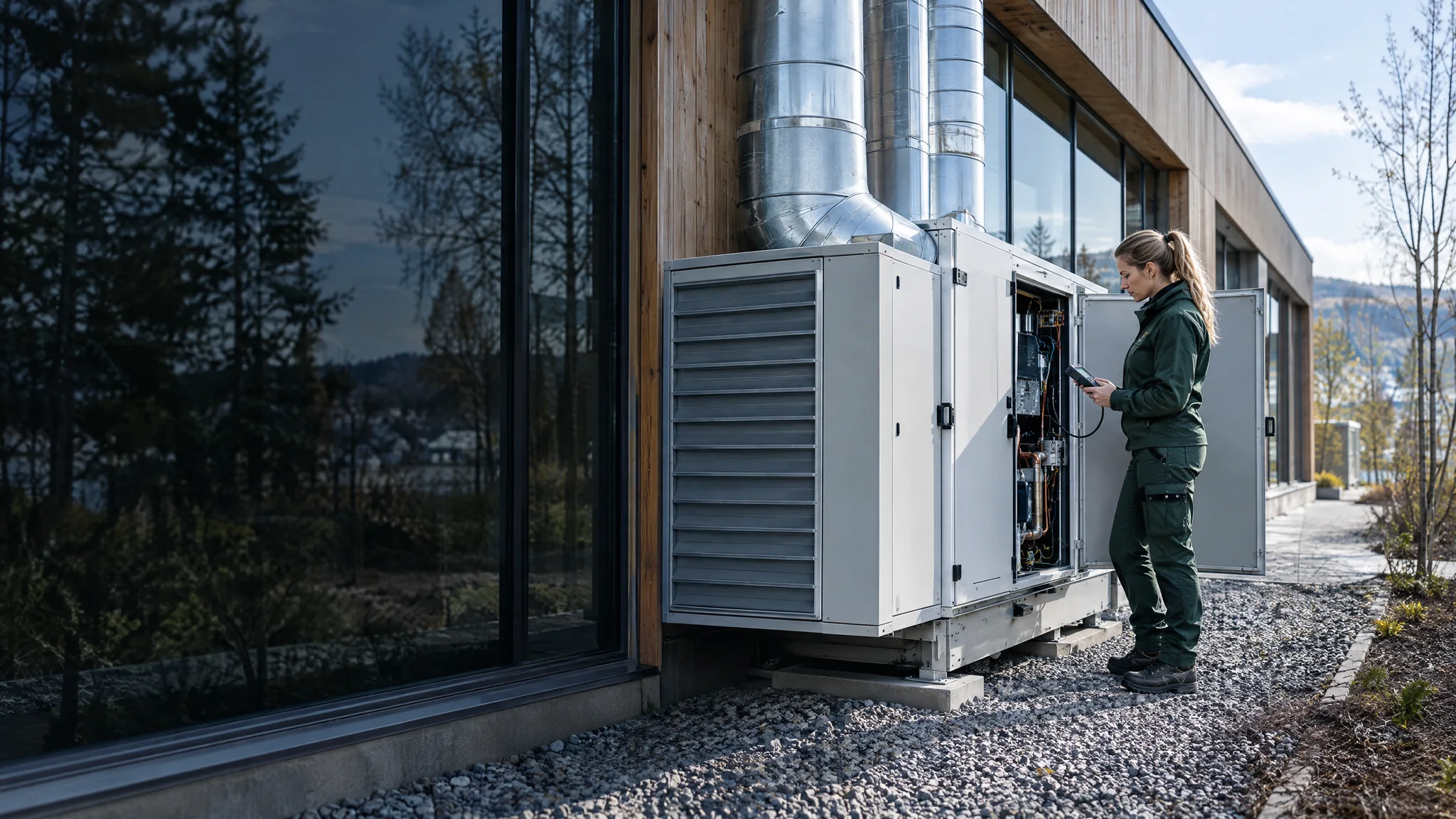 Illustrasjon av en ventilasjonsfagperson ved et næringsbygg