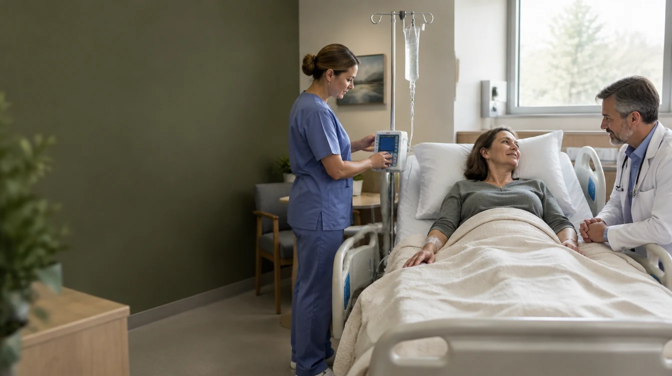 KI-generert illustrasjon av lege og sykepleier som følger opp intravenøs behandling av en pasient i sykeseng. Bildet viser ikke den omtalte virksomheten.