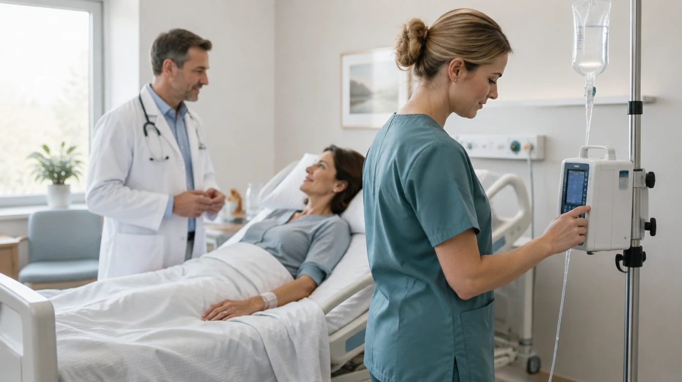 KI-generert illustrasjon av en sykepleier som kontrollerer en intravenøs infusjon, med lege og pasient ved sykesengen.