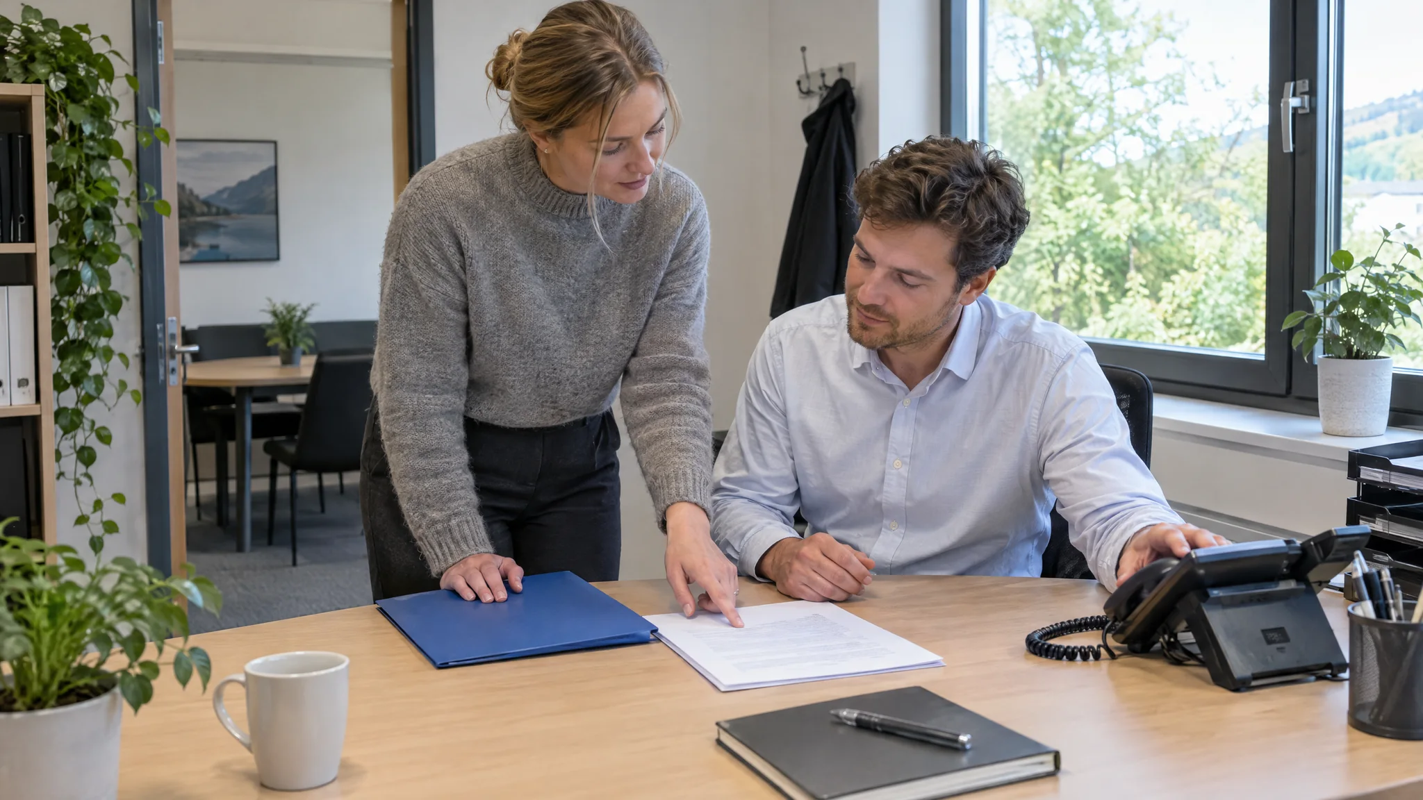 Illustrasjon av to rådgivere som avklarer en kundehenvendelse sammen