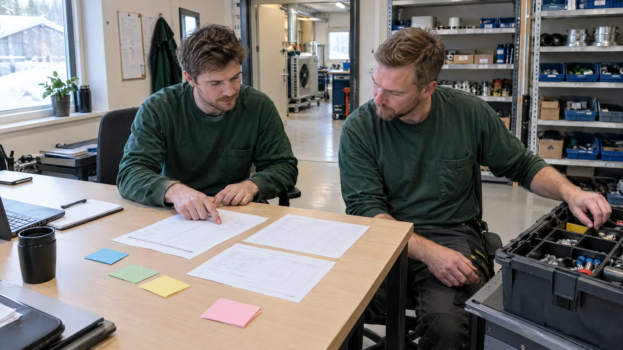 Illustrasjon av fagfolk som planlegger oppdrag og kapasitet ved et arbeidsbord
