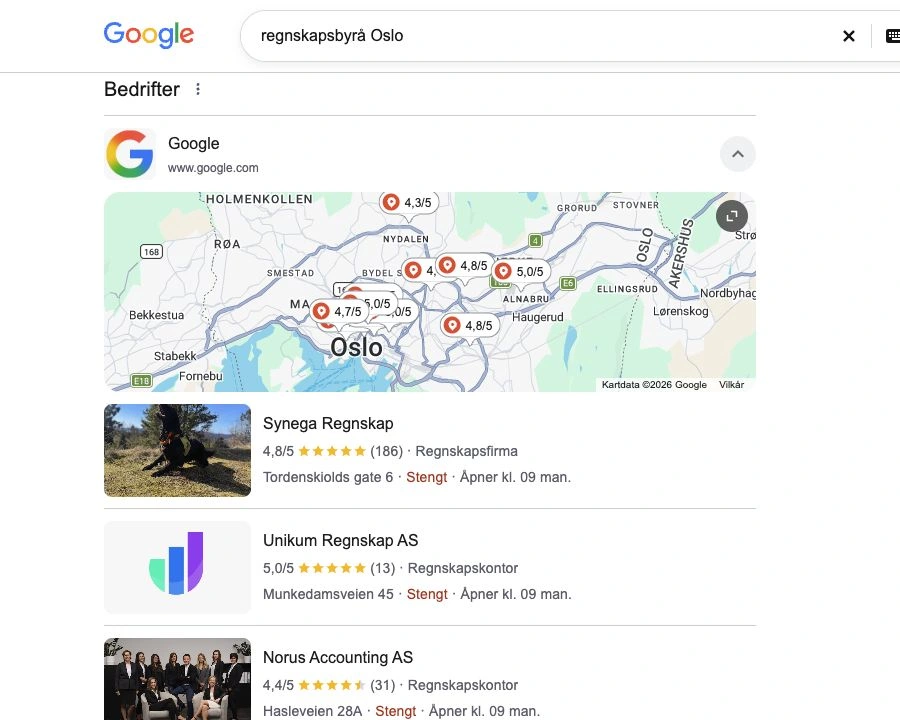 Faktisk Google-søk etter regnskapsbyrå i Oslo, med kart, lokale bedrifter og anmeldelser.