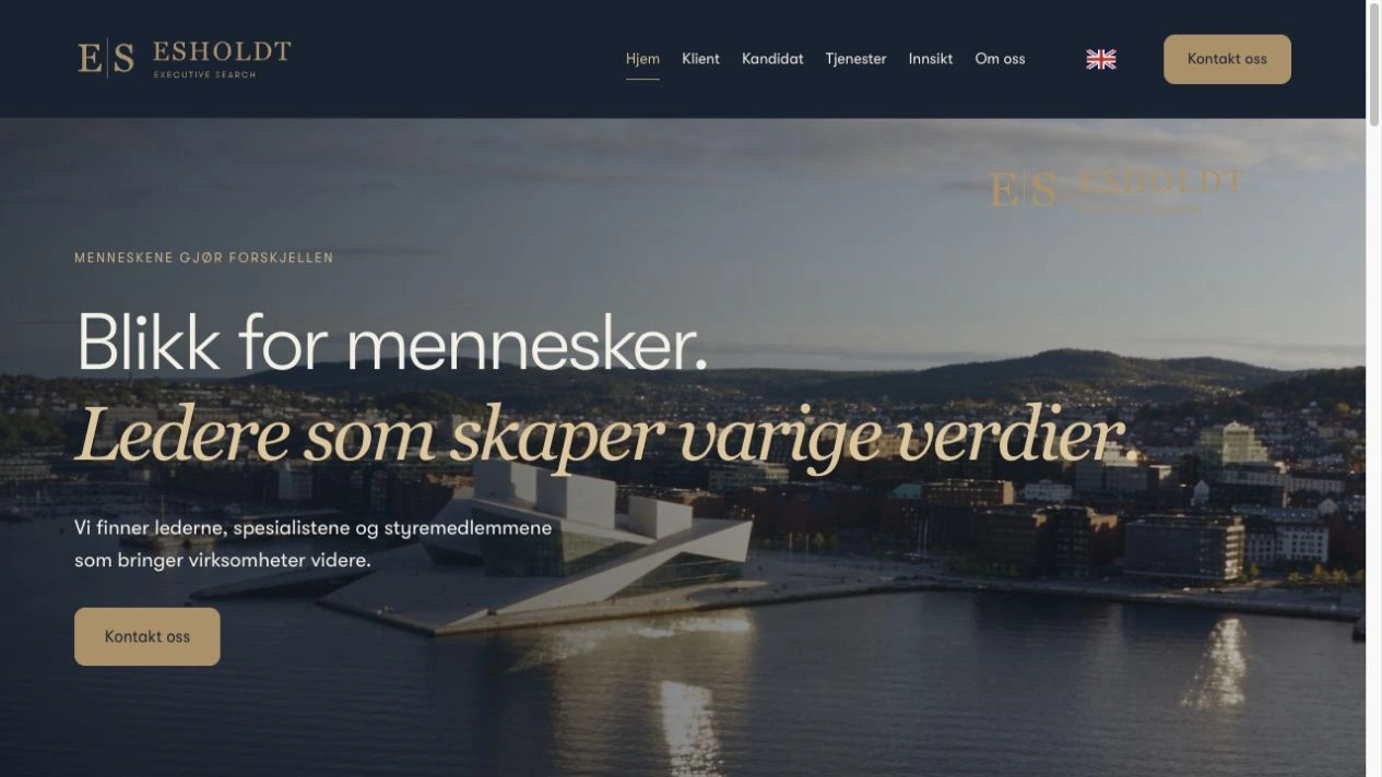 Skjermbilde av forsiden til Esholdt Executive Search, med Oslo-motiv og teksten Blikk for mennesker. Ledere som skaper varige verdier.